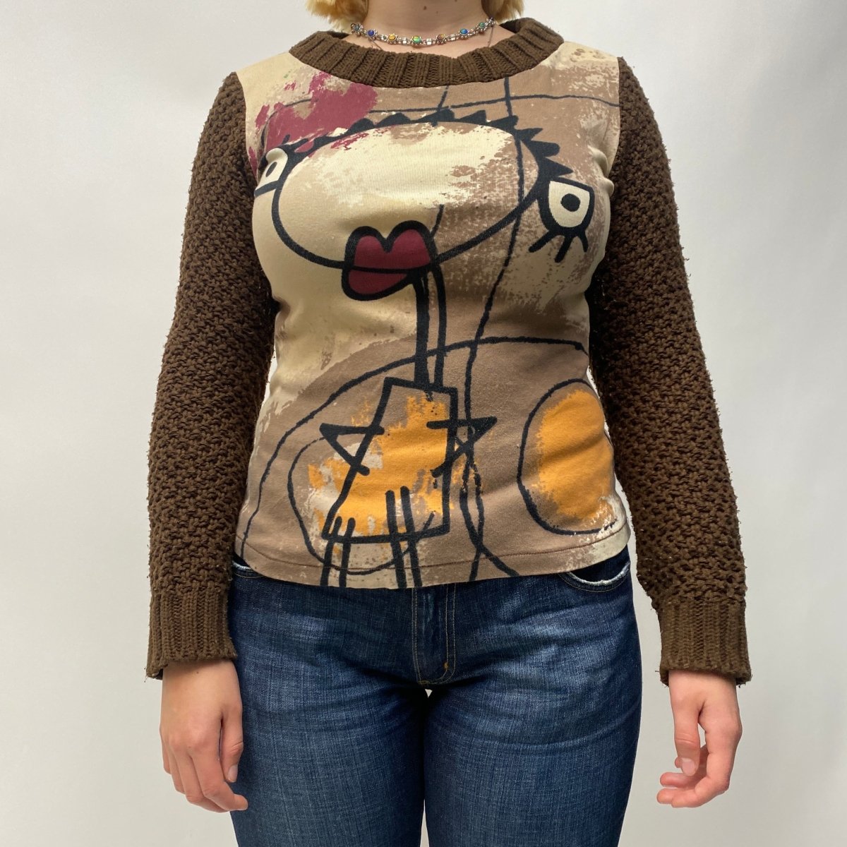Brown Y2K Graphic Knit Blouse
