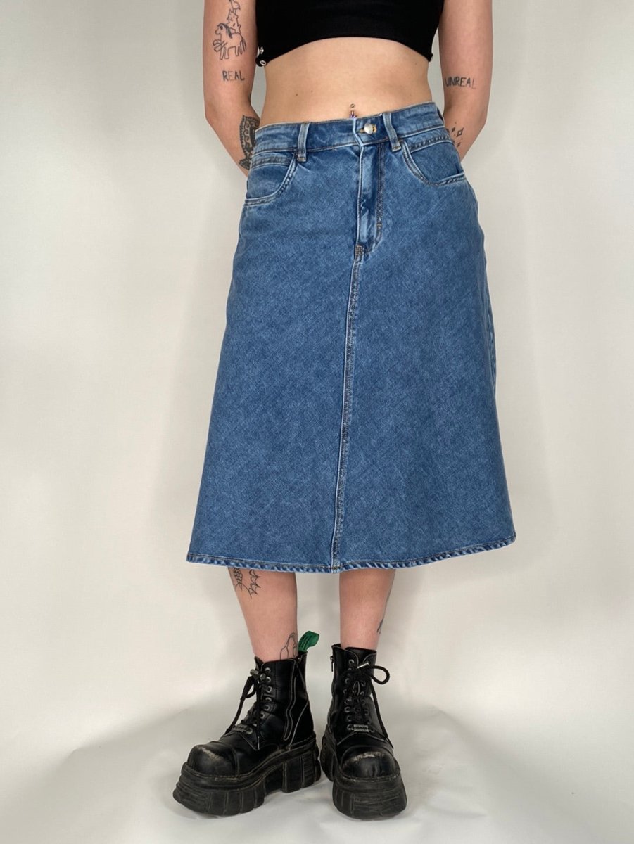 Vintage Blue Green Denim Midi Skirt